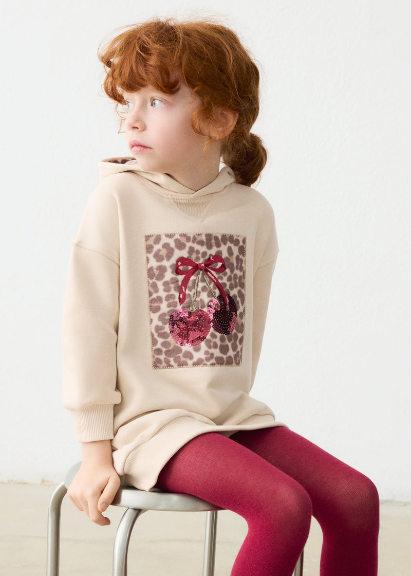 Mayoral Girls Sequin Cherry Hoodie Dress | Beige 4916