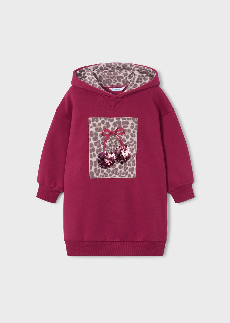 Mayoral Girls Sequin Cherry Hoodie Dress - front view flat lay showing sequin cherry chest patch