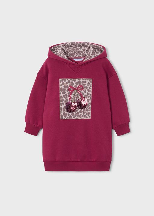 Mayoral Girls Sequin Cherry Hoodie Dress - front view flat lay showing sequin cherry chest patch