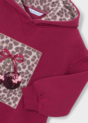 Mayoral Girls Sequin Cherry Hoodie Dress - sequin cherry appliqué and leopard print patch close up detail