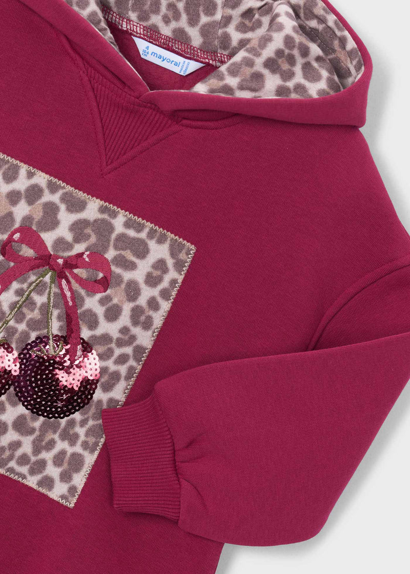 Mayoral Girls Sequin Cherry Hoodie Dress - sequin cherry appliqué and leopard print patch close up detail