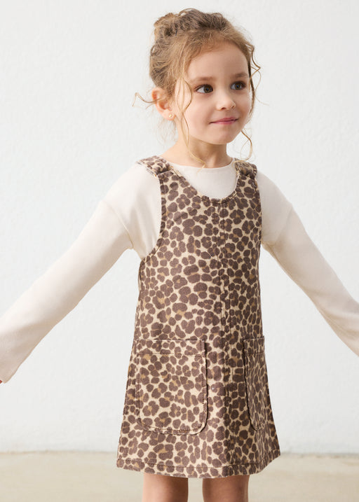 Mayoral Girls Leopard Print Pinafore & Ribbed Top Set - model front view wearing full set