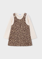 Mayoral Girls Leopard Print Pinafore & Ribbed Top Set - front view flat lay showing patch pockets and full set