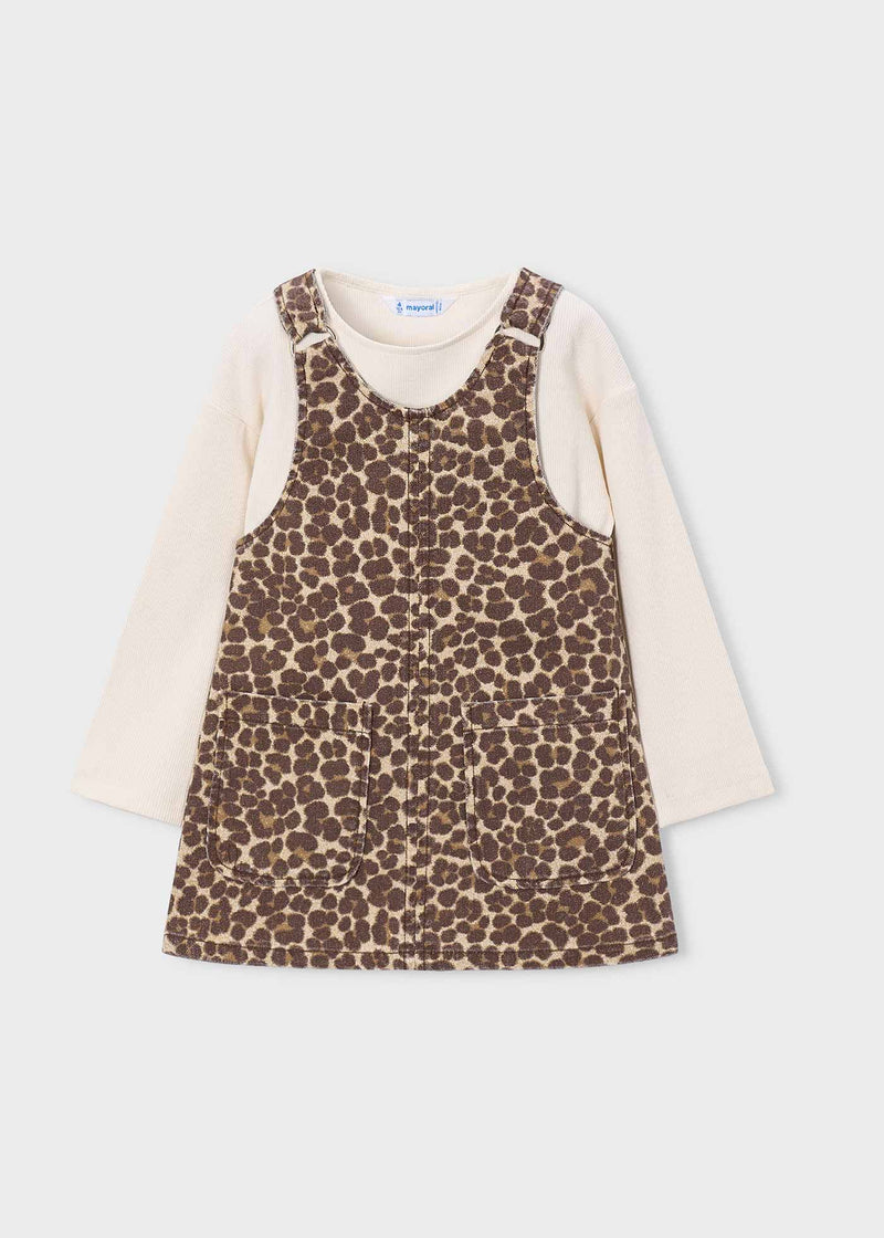 Mayoral Girls Leopard Print Pinafore & Ribbed Top Set - front view flat lay showing patch pockets and full set