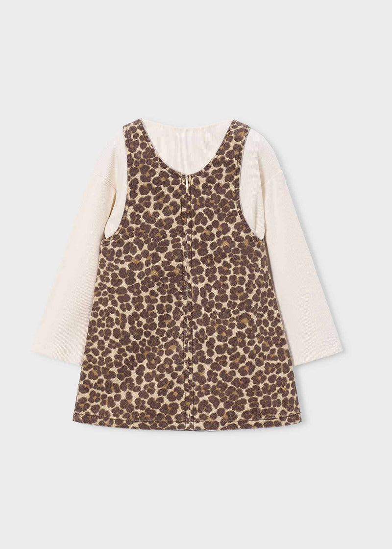 Mayoral Girls Leopard Print Pinafore & Ribbed Top Set - back view flat lay showing zip fastening