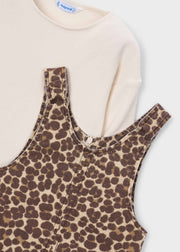 Mayoral Girls Leopard Print Pinafore & Ribbed Top Set - neckline and shoulder strap close up detail