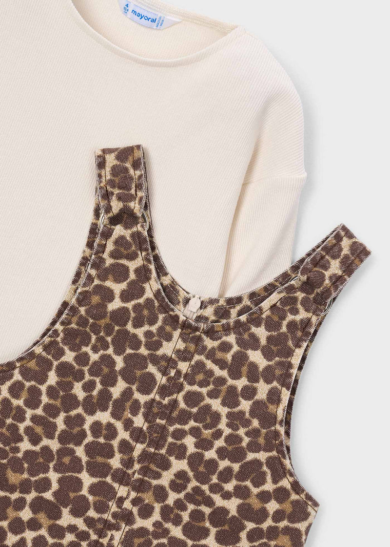 Mayoral Girls Leopard Print Pinafore & Ribbed Top Set - neckline and shoulder strap close up detail