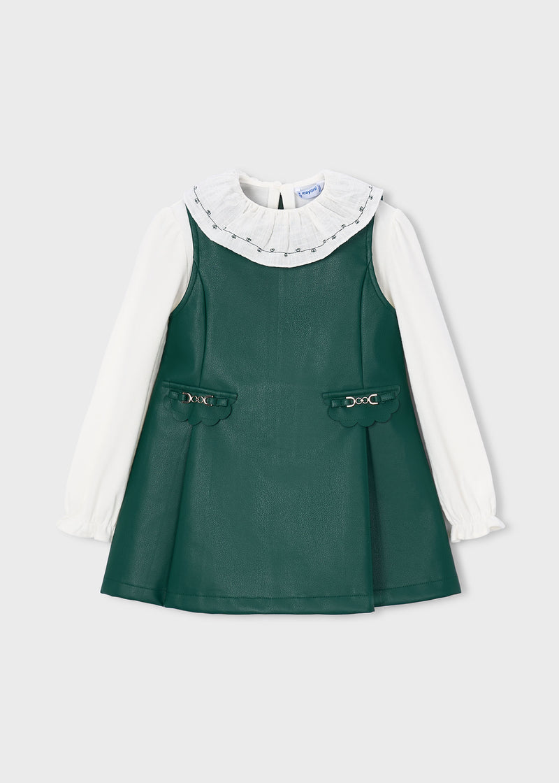 Mayoral Girls Faux Leather Pinafore & Ruffle Collar Blouse Set - front view flat lay showing full coordinated set