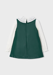 Mayoral Girls Faux Leather Pinafore & Ruffle Collar Blouse Set - back view flat lay showing back zip and button fastening