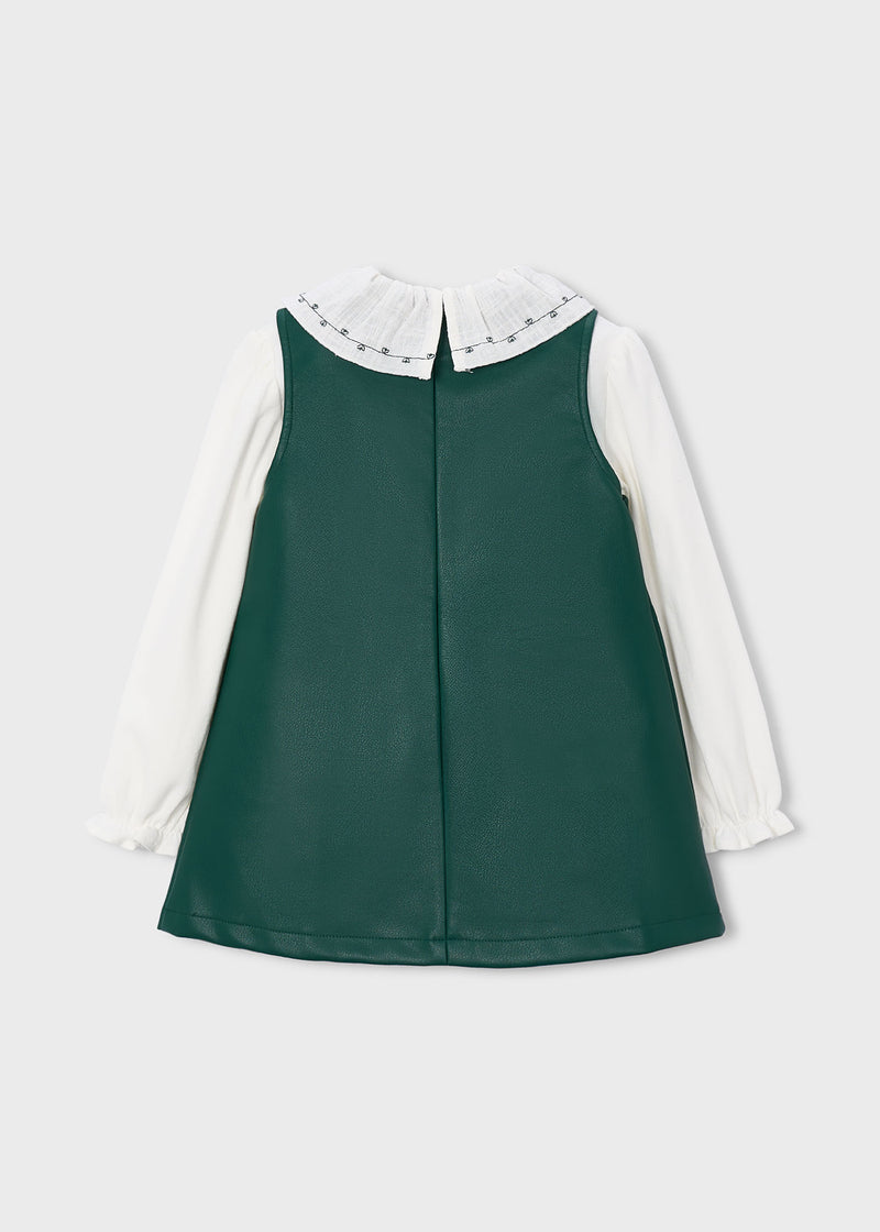 Mayoral Girls Faux Leather Pinafore & Ruffle Collar Blouse Set - back view flat lay showing back zip and button fastening