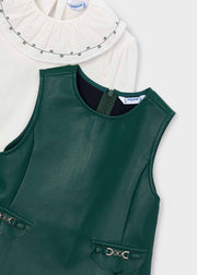 Mayoral Girls Faux Leather Pinafore & Ruffle Collar Blouse Set - Peter Pan collar embroidery and pinafore neckline close up