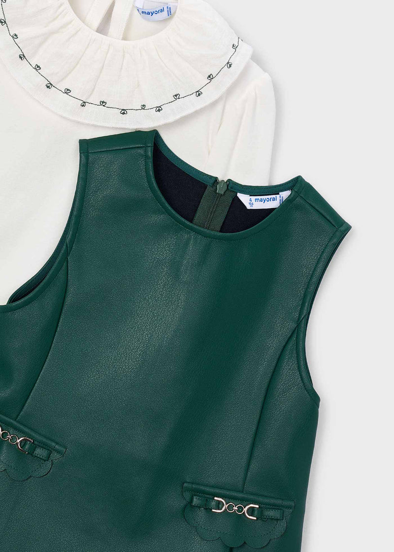 Mayoral Girls Faux Leather Pinafore & Ruffle Collar Blouse Set - Peter Pan collar embroidery and pinafore neckline close up