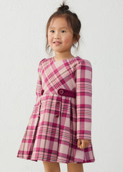 Mayoral Girls Tartan Check Fit & Flare Dress - model front view styled with white knee socks and Mary Janes