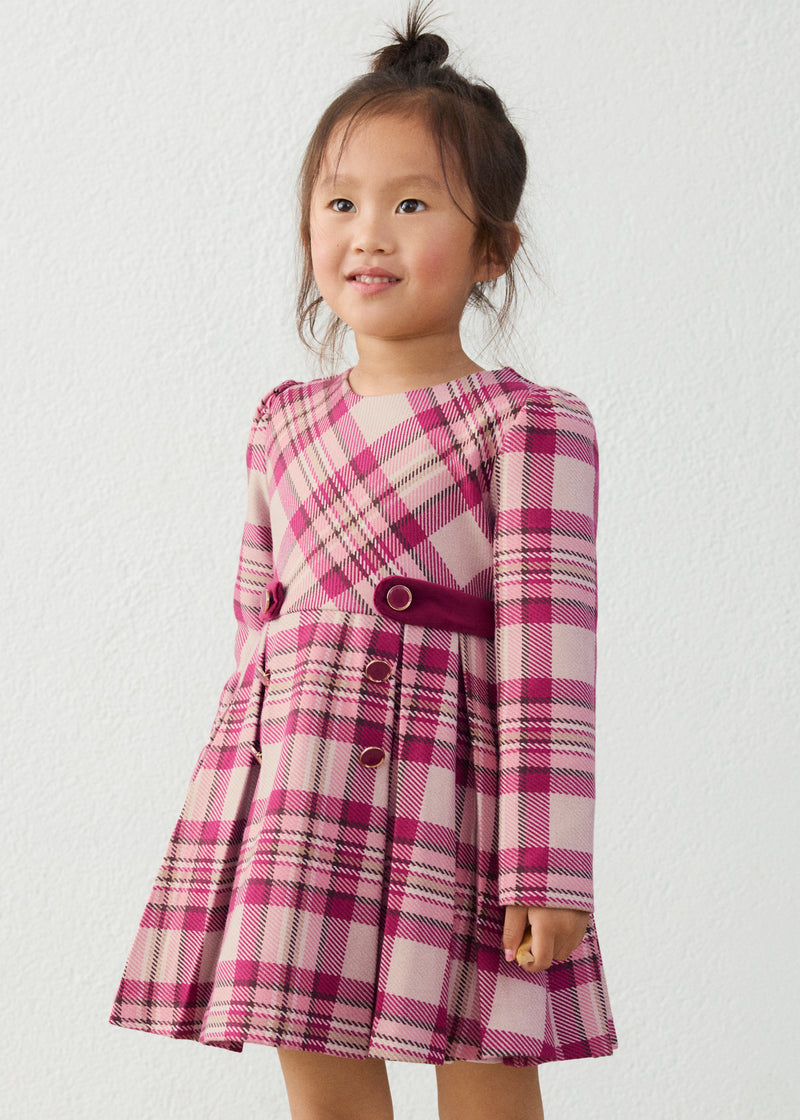 Mayoral Girls Tartan Check Fit & Flare Dress - model front view styled with white knee socks and Mary Janes