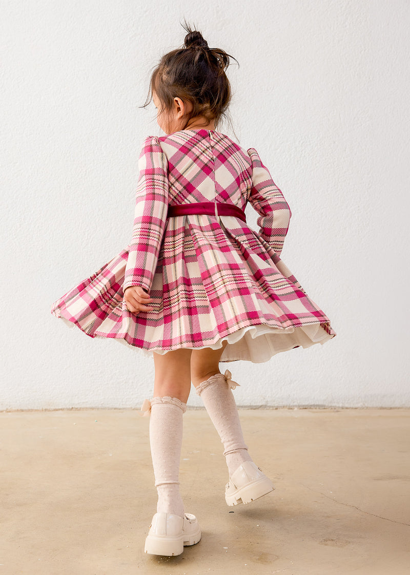 Mayoral Girls Tartan Check Fit & Flare Dress - model twirl back view showing full pleated skirt in motion
