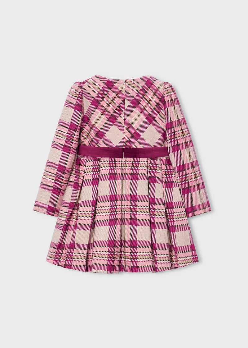 Mayoral Girls Tartan Check Fit & Flare Dress - back view flat lay showing back zip and velvet waistband
