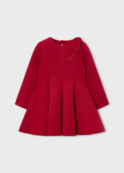 Mayoral Girls Red 3D Floral Fit & Flare Dress - front view flat lay showing full silhouette and floral corsage