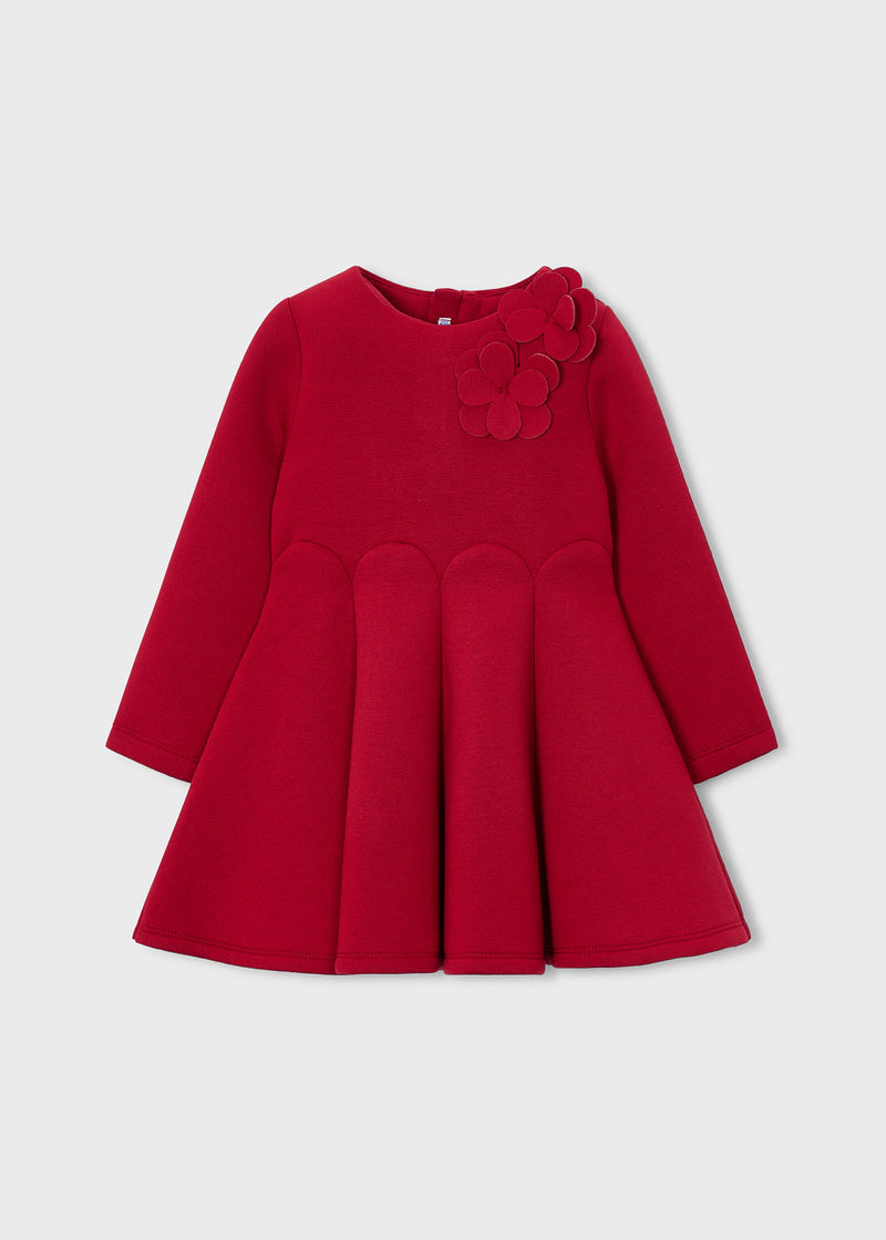 Mayoral Girls Red 3D Floral Fit & Flare Dress - front view flat lay showing full silhouette and floral corsage