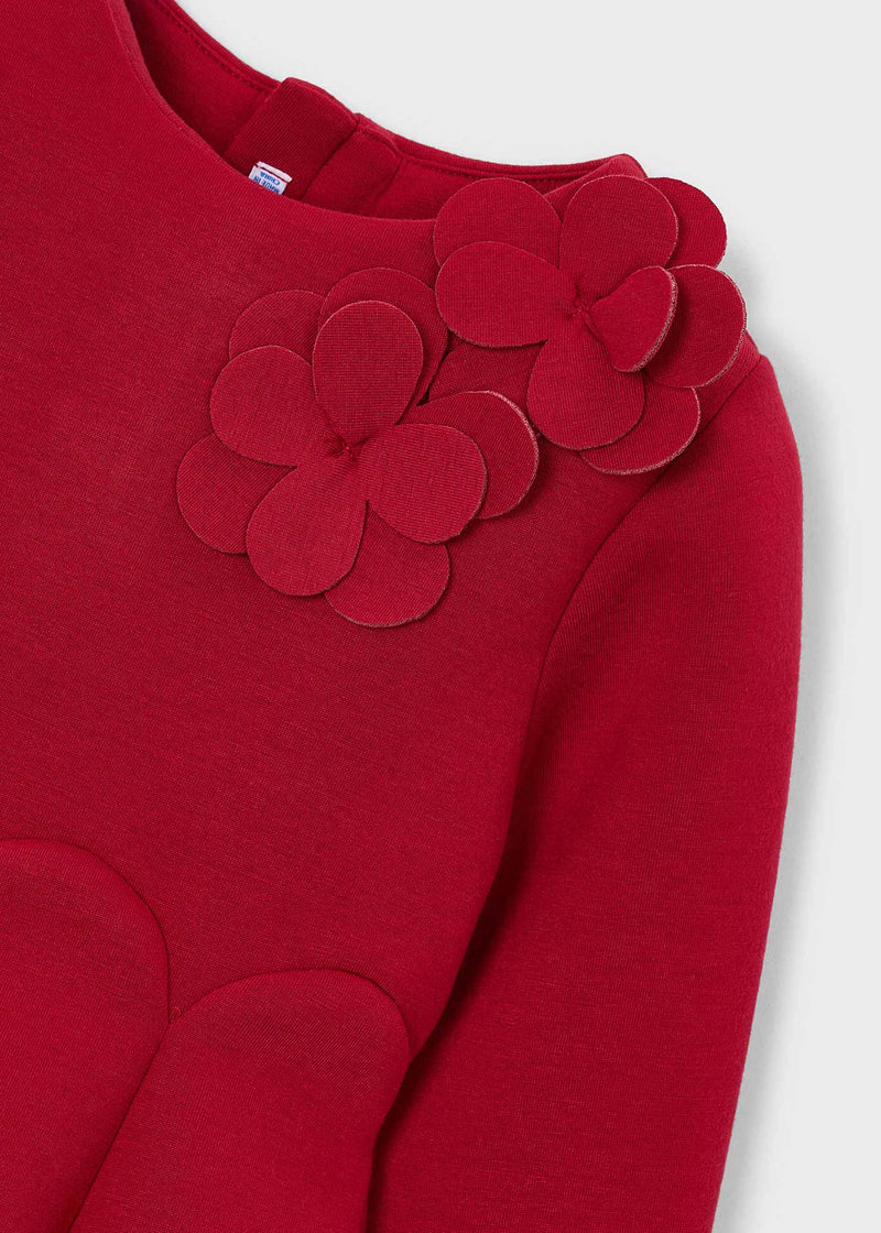 Mayoral Girls Red 3D Floral Fit & Flare Dress - 3D layered floral corsage shoulder detail close up