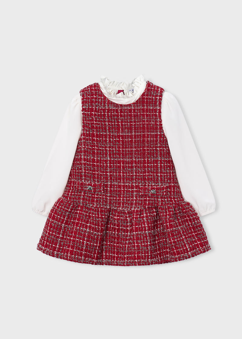 Mayoral Girls Red Tweed Pinafore & Ruffle Collar Blouse Set - front view flat lay showing full coordinated set