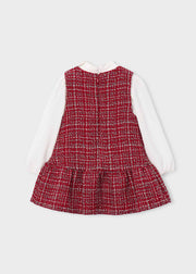 Mayoral Girls Red Tweed Pinafore & Ruffle Collar Blouse Set - back view flat lay showing back zip and blouse cuffs