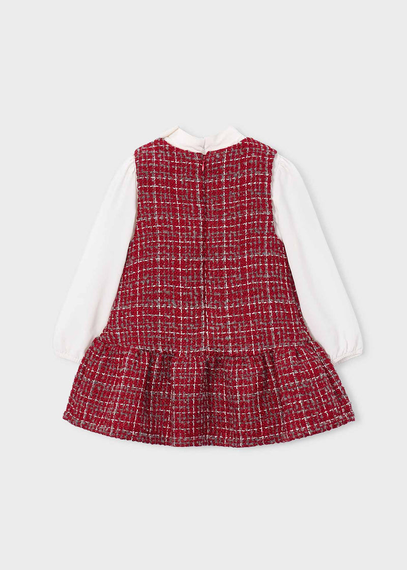Mayoral Girls Red Tweed Pinafore & Ruffle Collar Blouse Set - back view flat lay showing back zip and blouse cuffs