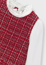 Mayoral Girls Red Tweed Pinafore & Ruffle Collar Blouse Set - tweed texture and ruffle collar close up detail