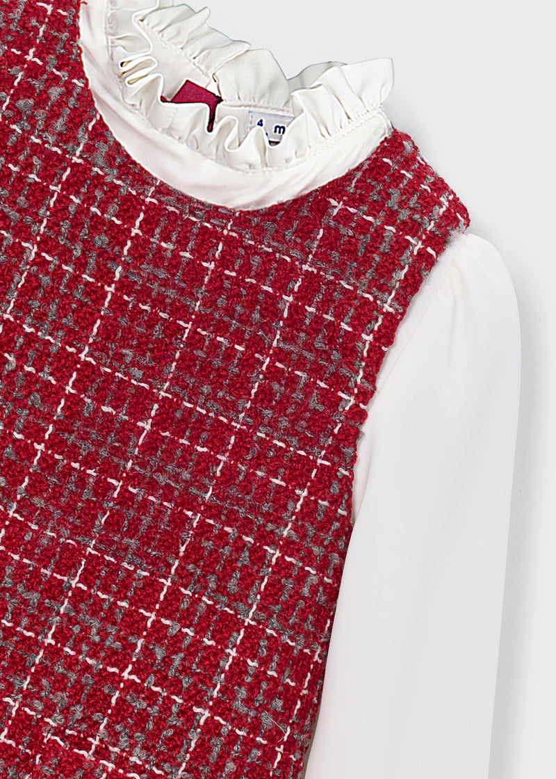 Mayoral Girls Red Tweed Pinafore & Ruffle Collar Blouse Set - tweed texture and ruffle collar close up detail