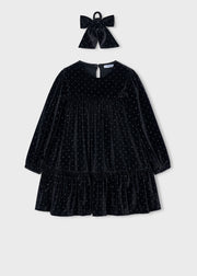 Mayoral Girls Black Velvet Rhinestone Tiered Dress - front view flat lay with matching bow hair tie