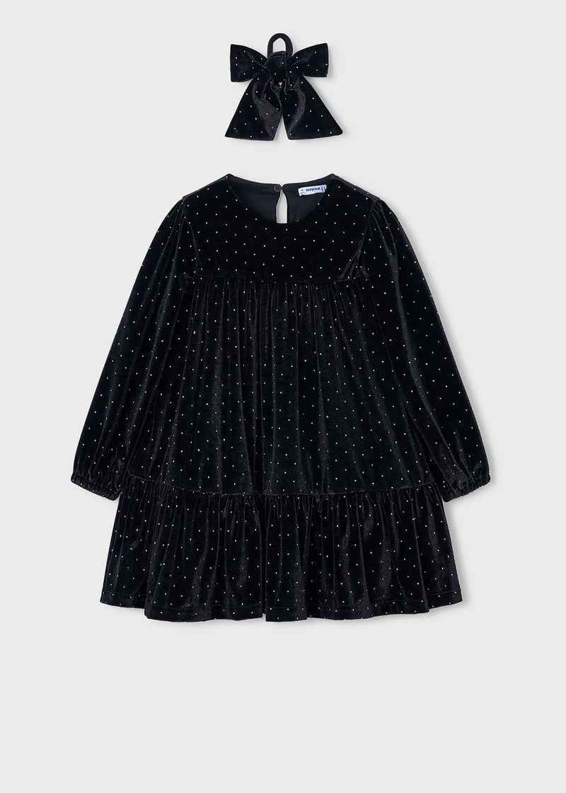 Mayoral Girls Black Velvet Rhinestone Tiered Dress - front view flat lay with matching bow hair tie