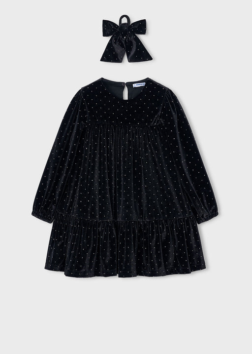 Mayoral Girls Black Velvet Rhinestone Tiered Dress - front view flat lay with matching bow hair tie