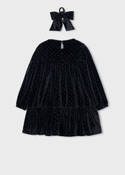 Mayoral Girls Black Velvet Rhinestone Tiered Dress - back view flat lay showing keyhole button fastening and bow hair tie