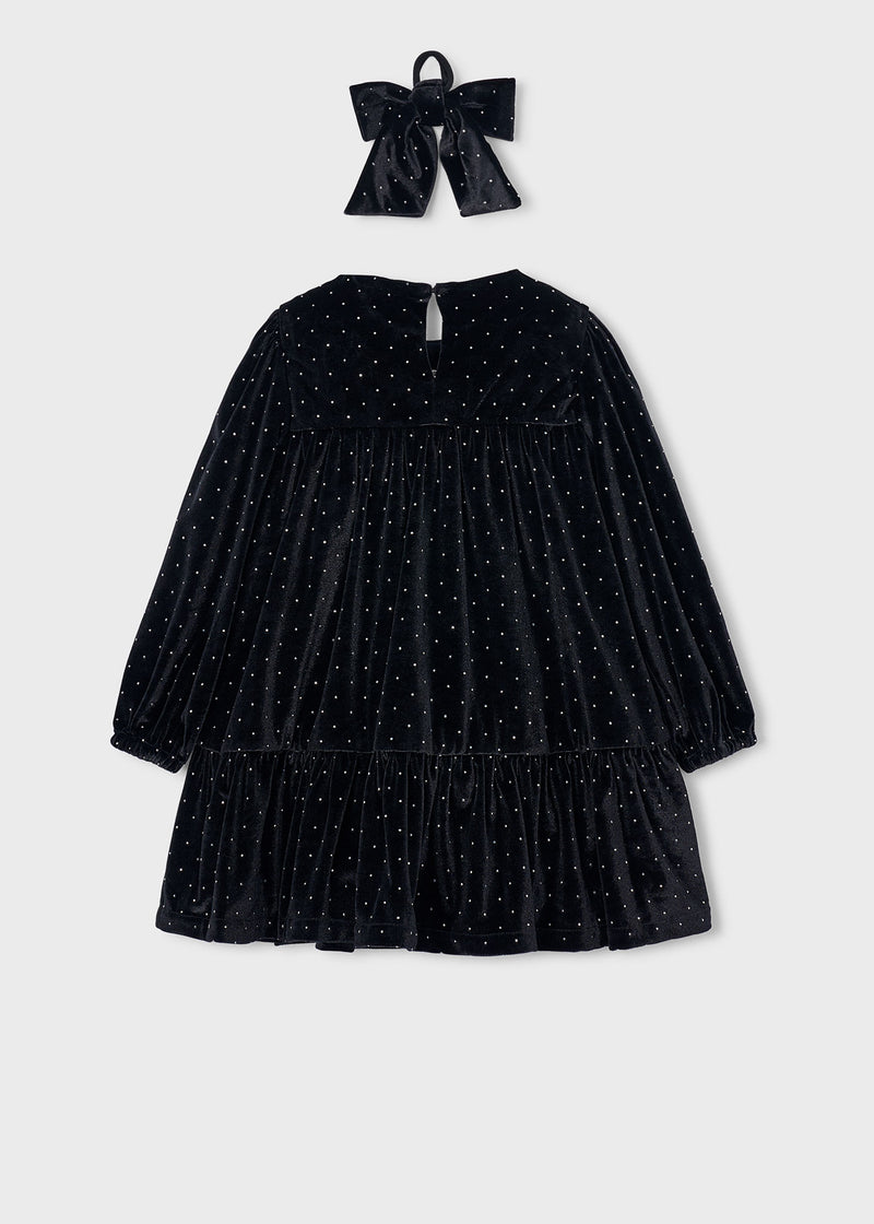 Mayoral Girls Black Velvet Rhinestone Tiered Dress - back view flat lay showing keyhole button fastening and bow hair tie