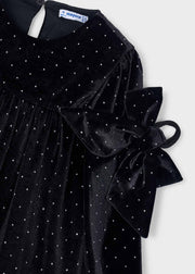 Mayoral Girls Black Velvet Rhinestone Tiered Dress - velvet bow shoulder detail and rhinestone scatter close up