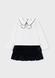 Mayoral Girls Peter Pan Collar Top & Velvet Rhinestone Skirt Set - front view flat lay showing full coordinated set