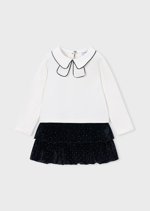 Mayoral Girls Peter Pan Collar Top & Velvet Rhinestone Skirt Set - front view flat lay showing full coordinated set