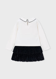 Mayoral Girls Peter Pan Collar Top & Velvet Rhinestone Skirt Set - back view flat lay showing back button fastening and tiered skirt