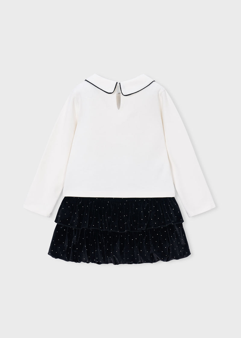 Mayoral Girls Peter Pan Collar Top & Velvet Rhinestone Skirt Set - back view flat lay showing back button fastening and tiered skirt