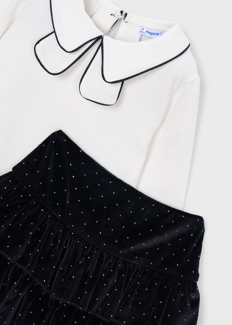 Mayoral Girls Peter Pan Collar Top & Velvet Rhinestone Skirt Set - Peter Pan collar with black piping and velvet bow tie close up