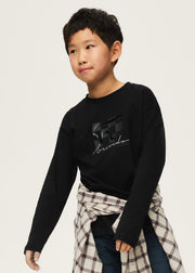 Mayoral Nukutavake Boys Brivido Classico Long Sleeve T-Shirt - model front view wearing black tee with plaid shirt tied at waist