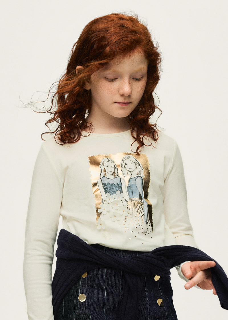 Girl wearing Mayoral fashion illustration long sleeve top – on model front view