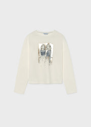 Mayoral fashion illustration long sleeve top – gold foil and rhinestone detail close-up