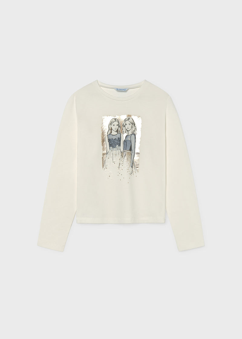 Mayoral fashion illustration long sleeve top – gold foil and rhinestone detail close-up