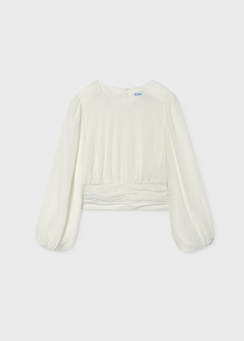 Mayoral cream balloon sleeve blouse – pleated bodice detail close-up