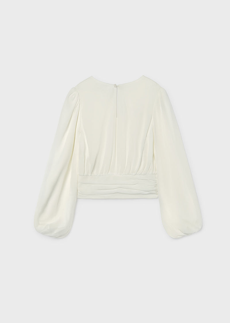 Mayoral cream balloon sleeve blouse – back flat lay showing button closure