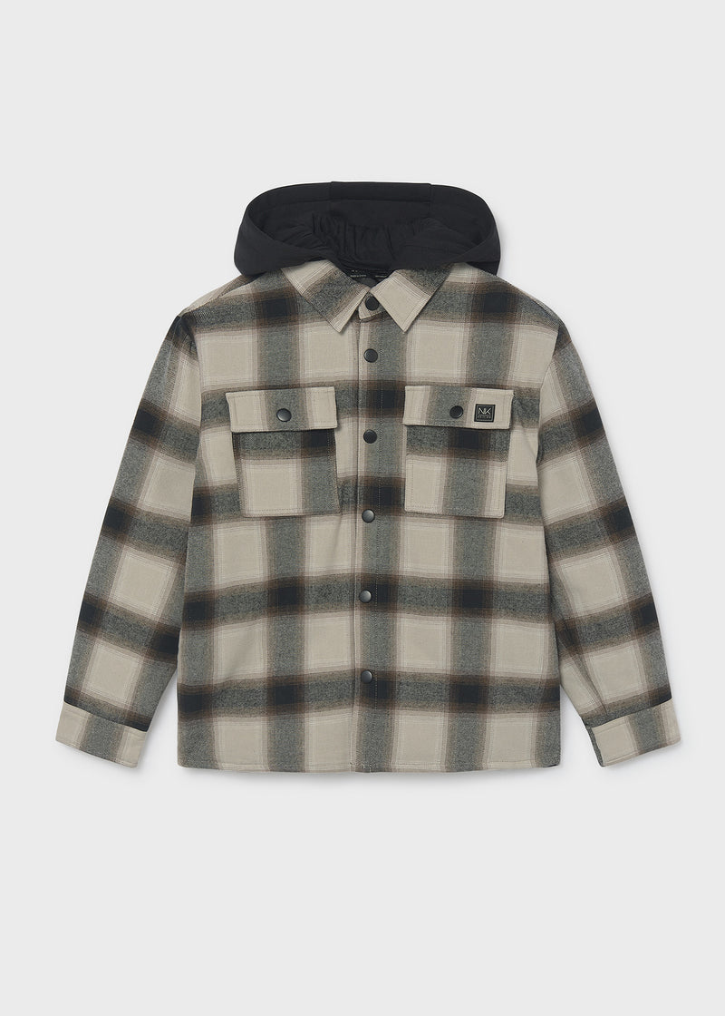 Mayoral Nukutavake hooded check flannel shacket – hood and chest pocket detail close-up