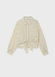 Mayoral girls striped tie-front shirt – collar and button detail close-up showing Mayoral label