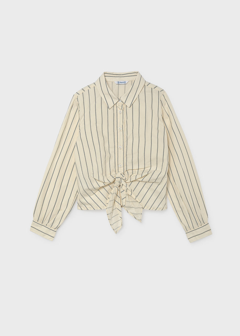 Mayoral girls striped tie-front shirt – collar and button detail close-up showing Mayoral label