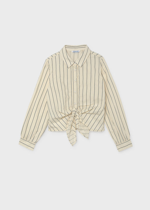 Mayoral girls striped tie-front shirt – collar and button detail close-up showing Mayoral label