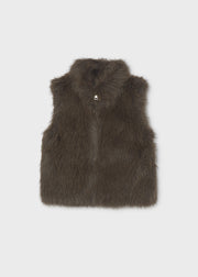 Mayoral faux fur gilet – gold zip-pull neckline detail close-up showing plush faux fur texture